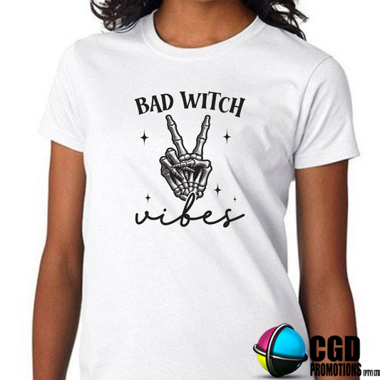 Bad Witch Vibes with Skeleton Hand Halloween T-shirts Adult Printed Shirt - Unisex & Ladies Fitted