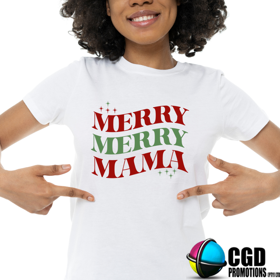 Merry Merry Mama Red and Green Christmas Adult Printed Shirt - Unisex Mens & Ladies Fitted