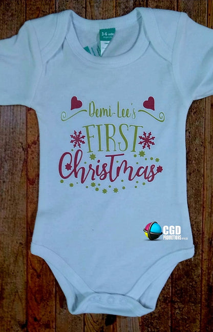 My First Christmas Red & Gold Print with Namer Christmas Printed Baby Grow