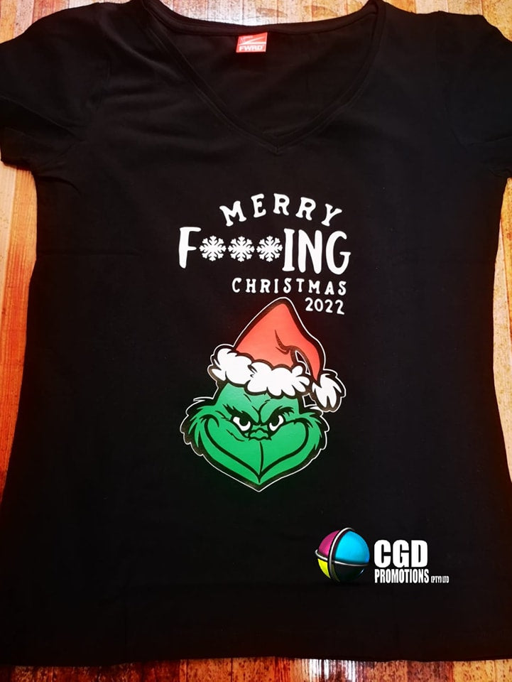 Merry F**cking Christmas Grinch Face Finger Swearing Cussing Christmas Adult Printed Shirt - Unisex & Ladies Fitted