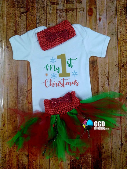 My First Christmas Christmas Printed Tutu Outfit with Headband