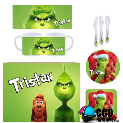 Personalized Grinch Christmas Kids Dinner Set with Wooden Placemat & Coaster