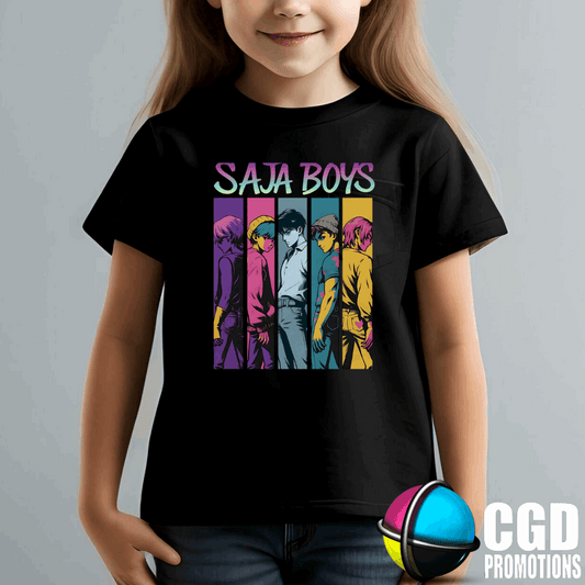 "Model wearing K-pop Demon Hunter inspired shirt"SAJA boys \
