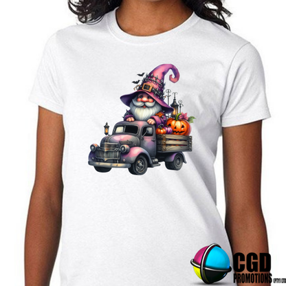 Pink Halloween Gnome with Pumpkin & Truck Halloween T-shirts Adult Printed Shirt - Unisex & Ladies Fitted