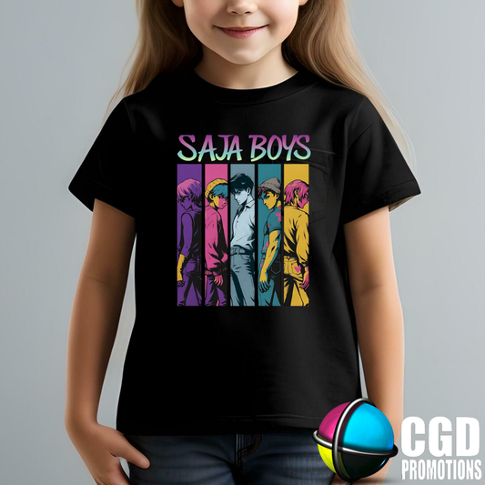 "Model wearing K-pop Demon Hunter inspired shirt"SAJA boys \
