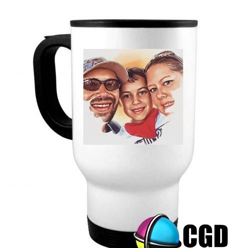 “Front view of white double-walled travel mug – customisable, Your Design Here”