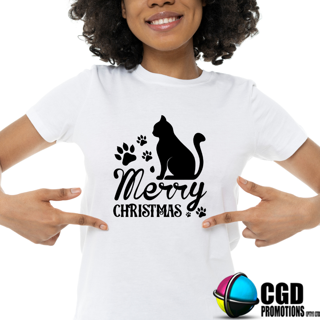 Merry Christmas Cat Silhoutte Christmas Adult Printed Shirt - Unisex Mens & Ladies Fitted