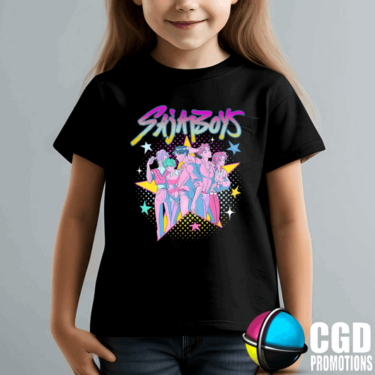 "Model wearing K-pop Demon Hunter inspired shirt" saja boys
