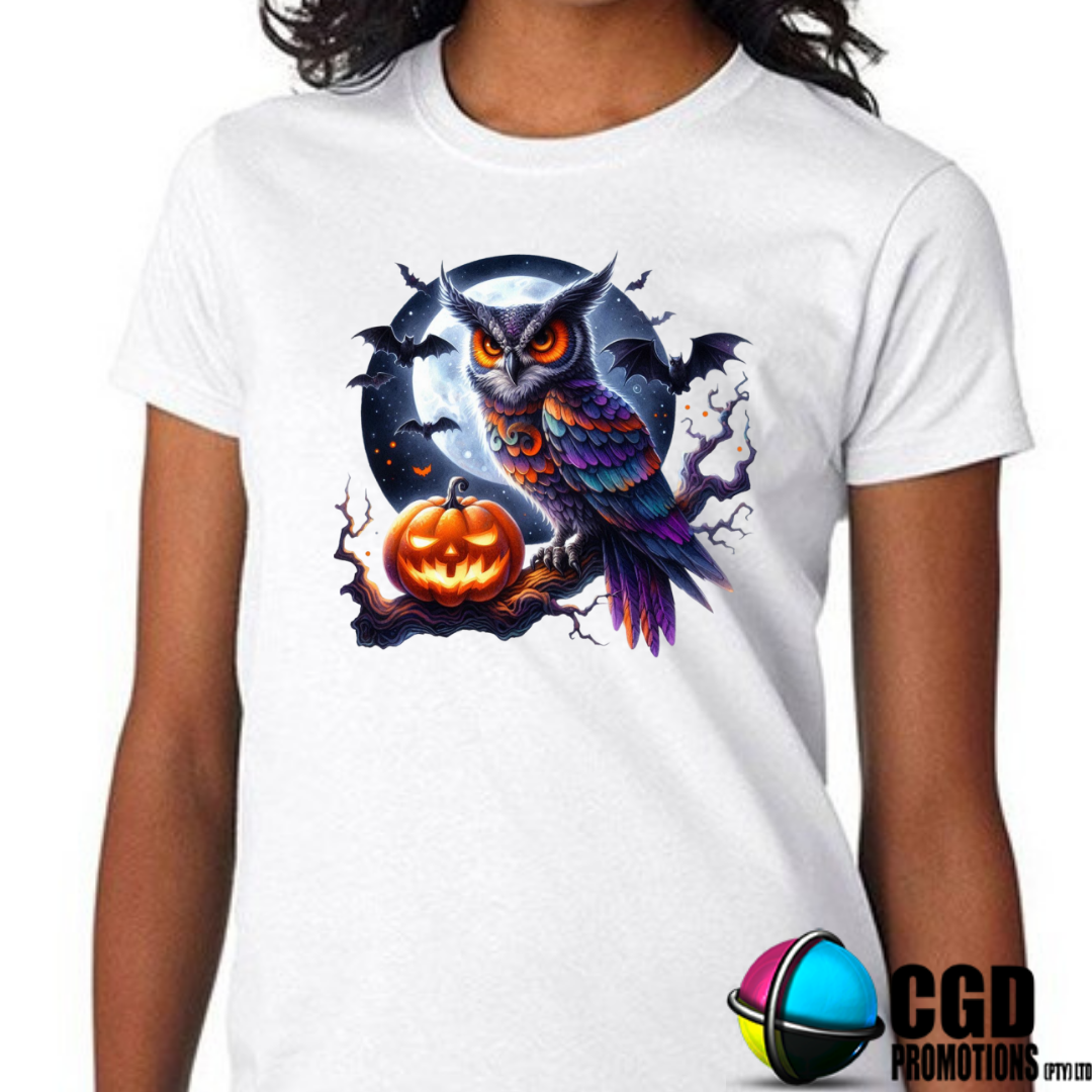 Purple Owl with Moon Background & Pumpkin Halloween T-shirts Adult Printed Shirt - Unisex & Ladies Fitted