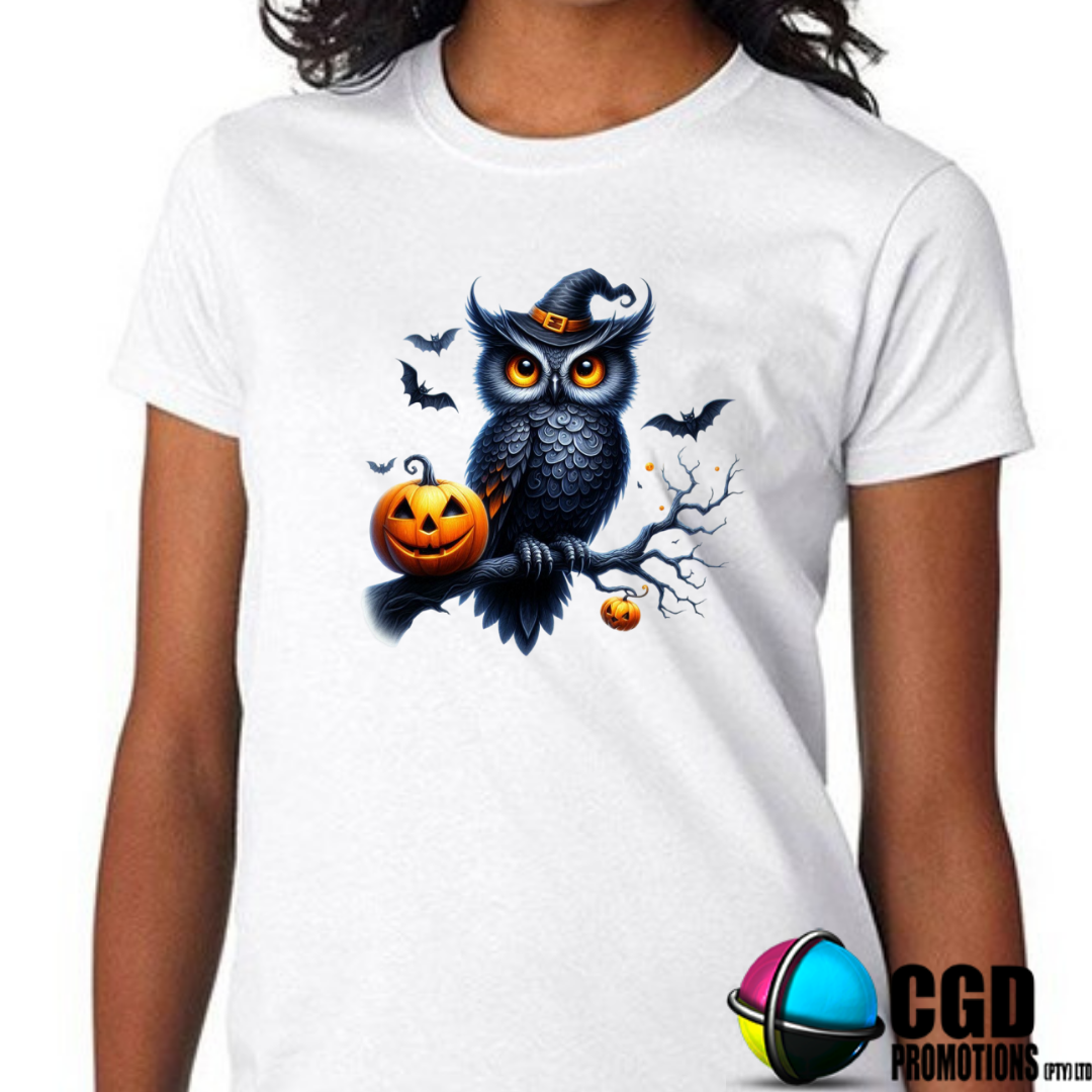 Owl with Witch Hat & Pumpkin Halloween T-shirts Adult Printed Shirt - Unisex & Ladies Fitted