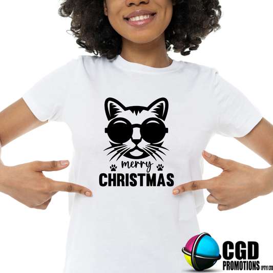 Merry Christmas Cat Christmas Adult Printed Shirt - Unisex Mens & Ladies Fitted