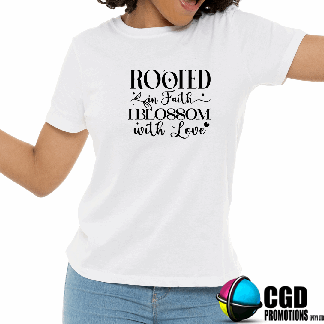 Rooted in Faith I Blossom with Lovew Adult Printed Shirt (Faith Based)