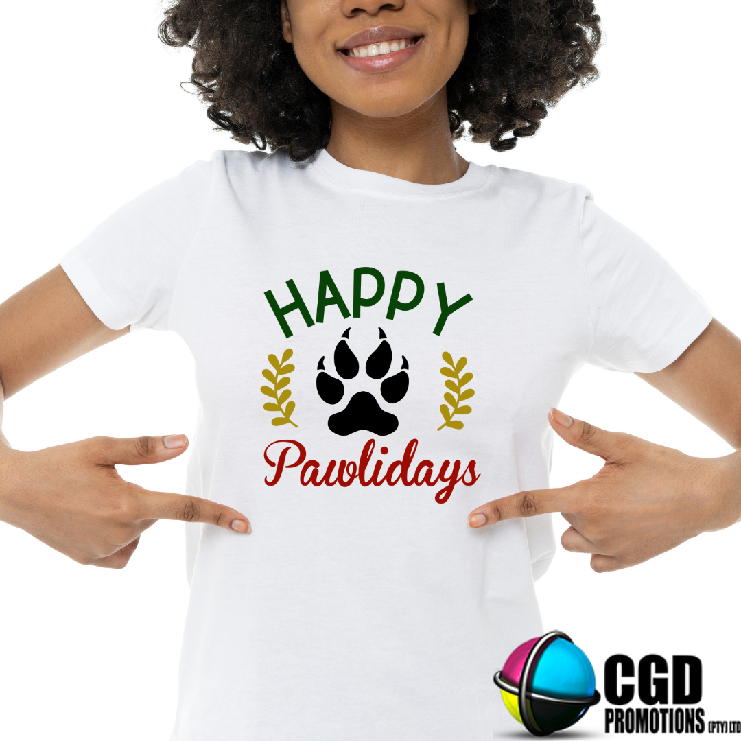 Happy Pawlidays Paw Print Adult Printed Shirt - Unisex Mens & Ladies Fitted