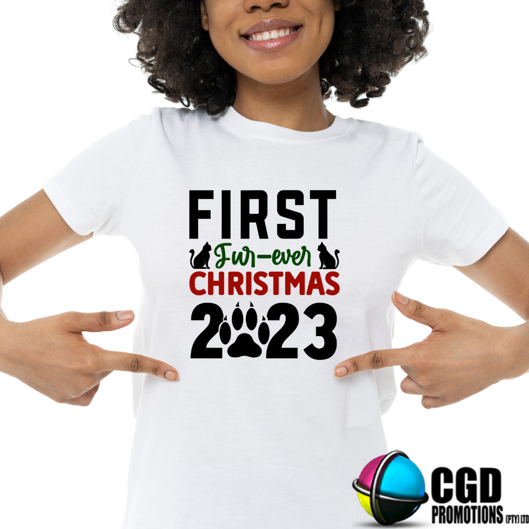 First Fur-ever Christmas Year Christmas Adult Printed Shirt - Unisex Mens & Ladies Fitted