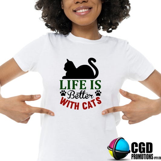 Life is Better with Cats Adult Printed Shirt - Unisex Mens & Ladies Fitted