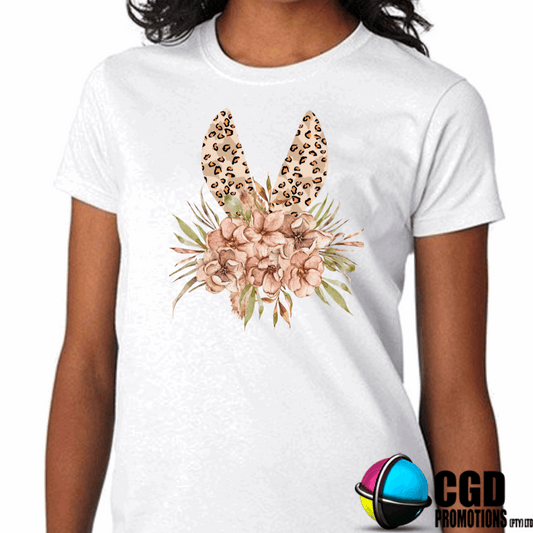 Bunny Ears Leopard Print with boho themed flowers Adult & Kids Easter Printed Shirts - Unisex, Ladies fitted & Kids