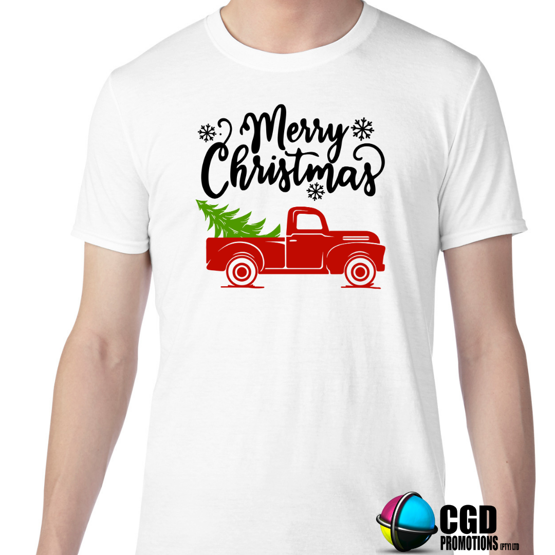 Merry Christmas Red Truck with Christmas Tree Christmas Adult Printed Shirt