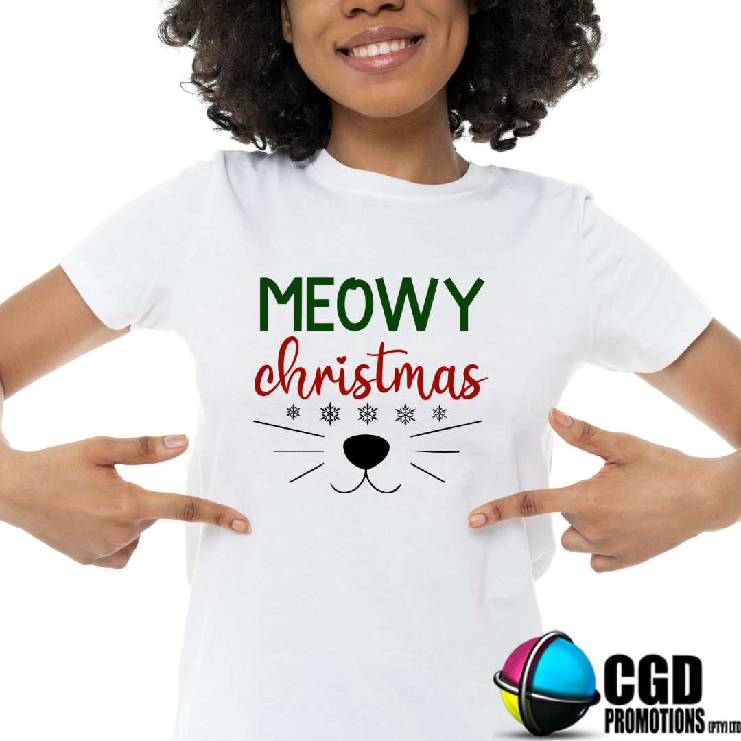 Meowy Christmas Adult Christmas Printed Shirt - Unisex Mens & Ladies Fitted