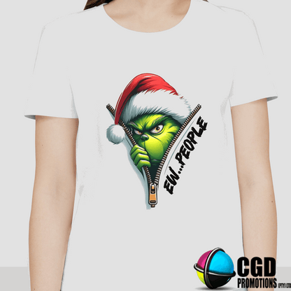 “Family wearing Grinch ‘Ew People’ matching Christmas shirts in unisex, ladies fitted & kids sizes”