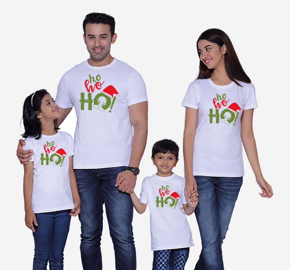 Ho Ho Ho Christmas Family of 4 Matching Printed Shirts (2 kiddies T-Shirt Option)