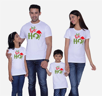 “Family of four wearing Ho Ho Ho Christmas matching family shirts – adult unisex, ladies fitted, and kids tees”

