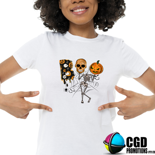 BOO with Skeleton & Pumpkin - Halloween T-shirts Adult Printed Shirt - Unisex, Ladies Fitted