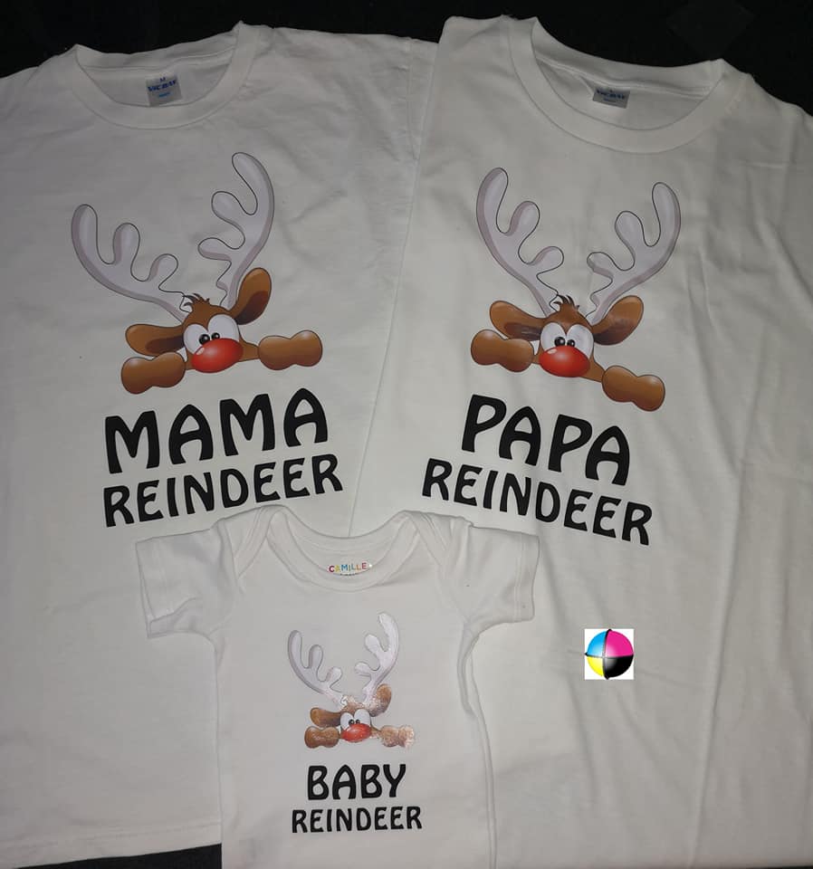 Peeping Reindeer Family of 3 MatchingPrinted Shirts (1x baby grow option)