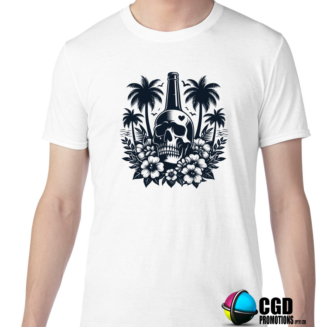 Skull Head with Beer Bottle with flowers and palm trees Halloween Adult Printed Shirt