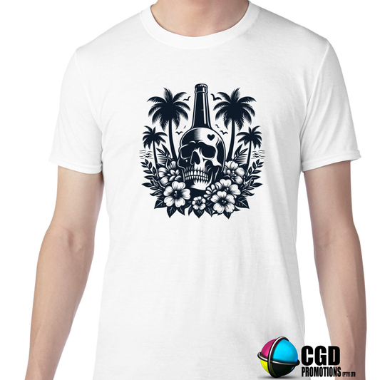 Skull Head with Beer Bottle with flowers and palm trees Halloween Adult Printed Shirt