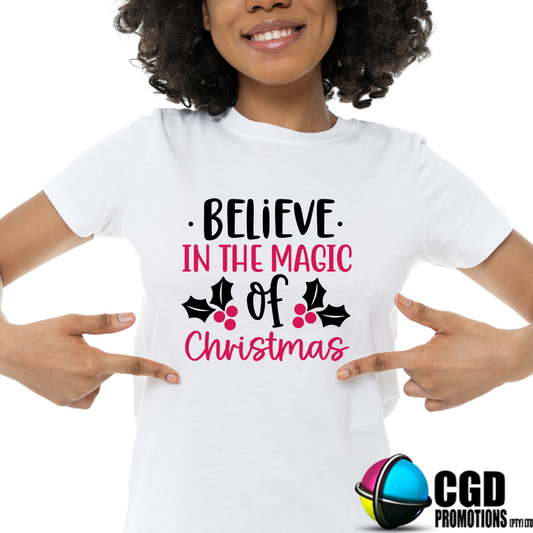 Believe in the Magic of Christmas Pink Adult Christms Printed Shirt - Matching Unisex Mens & Ladies Fitted