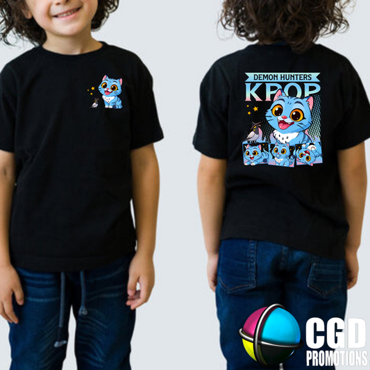 K-Pop Cute Blue Baby Cat Character Inspired Printed Kids Shirt (front and back print)