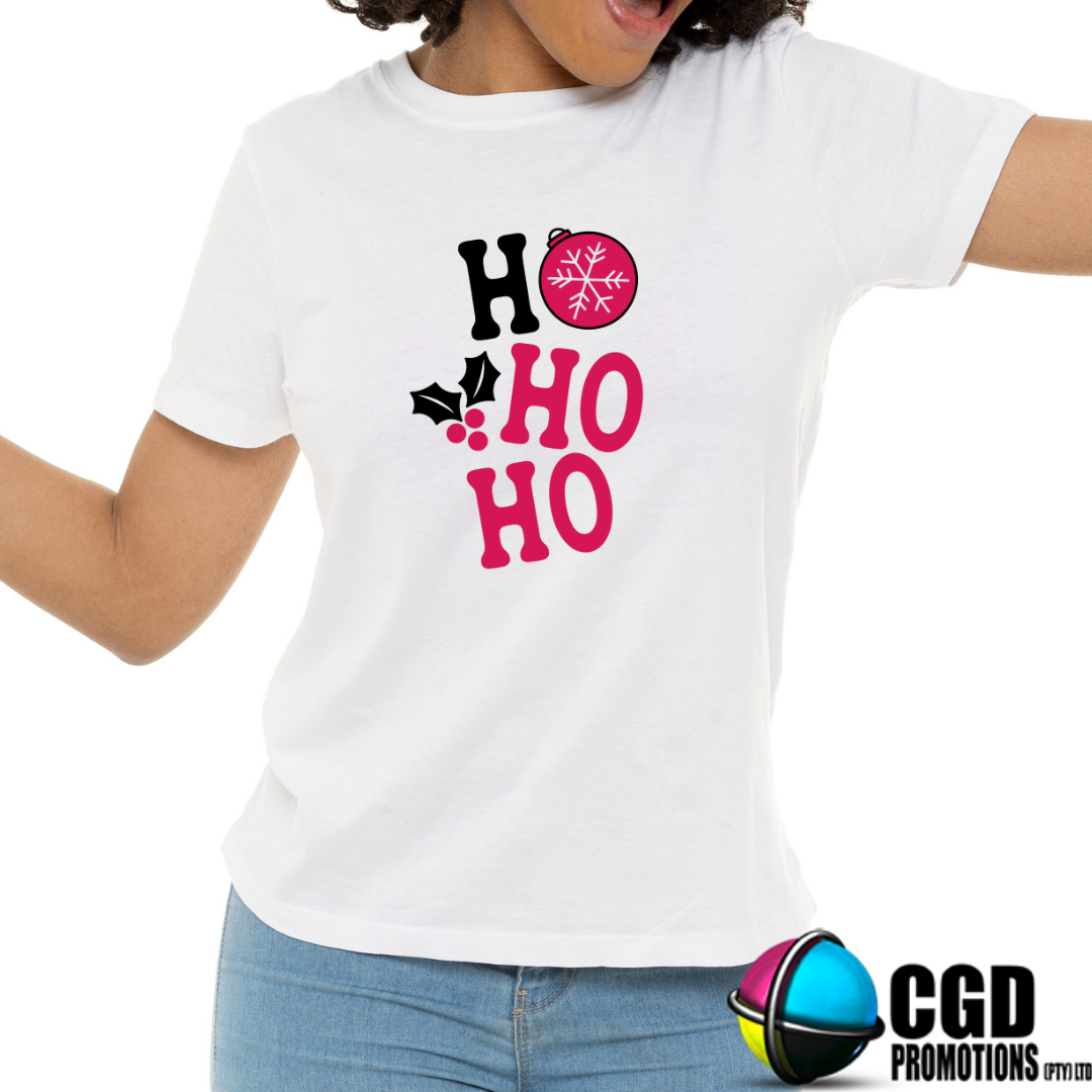 Ho Ho Ho Pink Print with Bauble - Christmas Printed Shirt for the Whole Family - Matching Unisex, Ladies Fitted & Kids