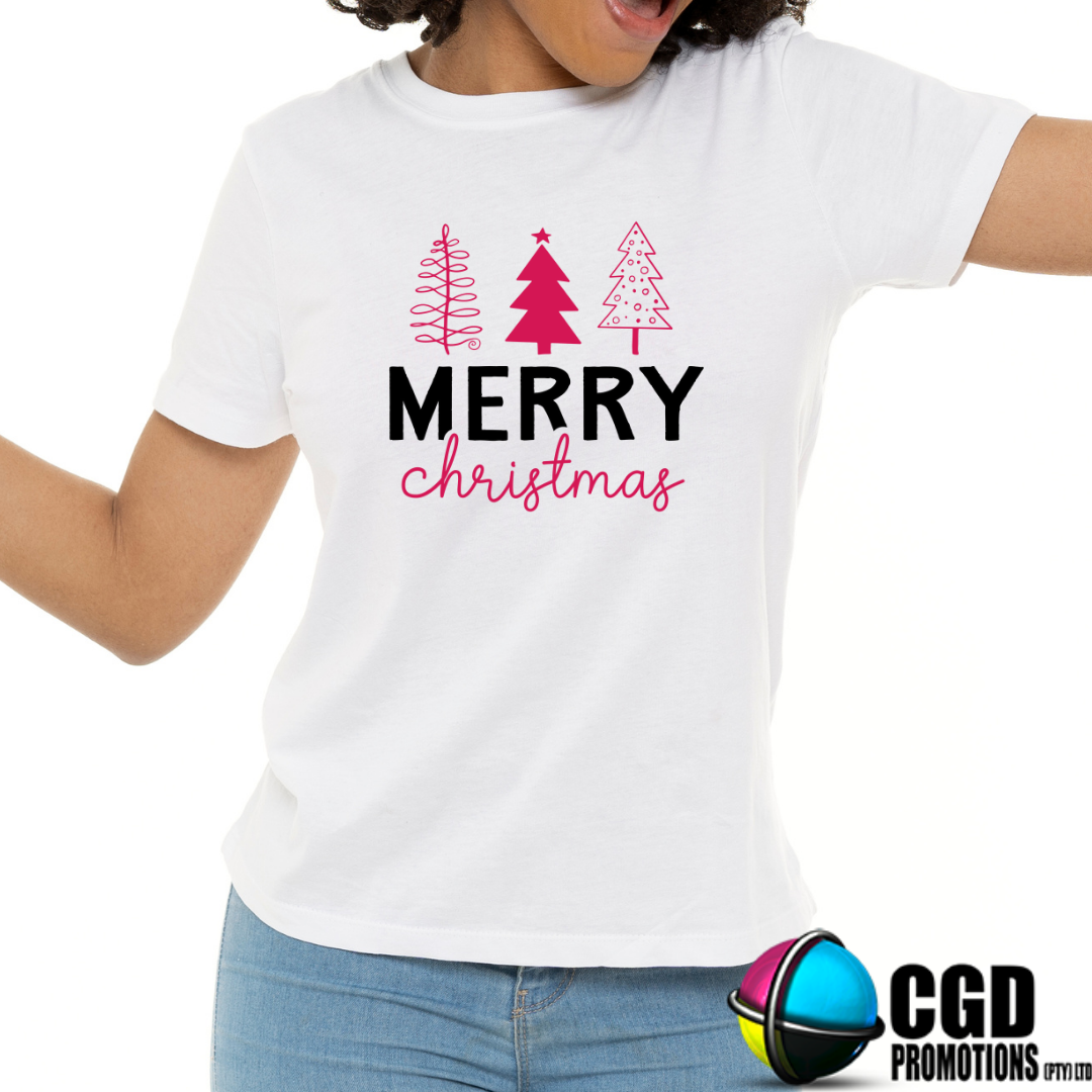 Merry Christmas in Pink with christmas trees in pink - Christmas Printed Shirt for the Whole Family - Matching Unisex, Ladies Fitted & Kids