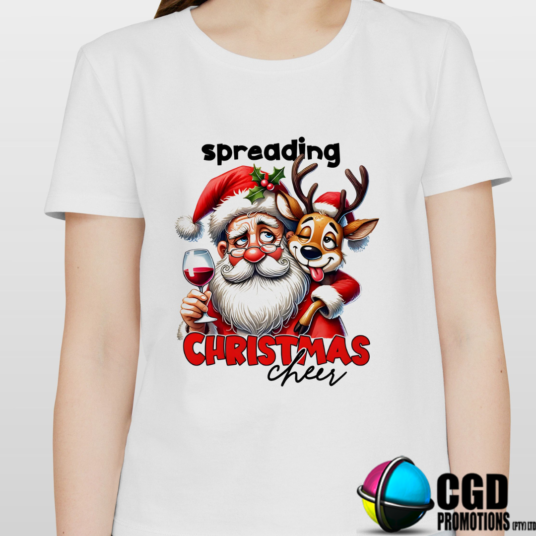 Spreading Christmas Cheer with Santa Reindeer and Wine- Matching Christmas Adult Unisex, Ladies Fitted