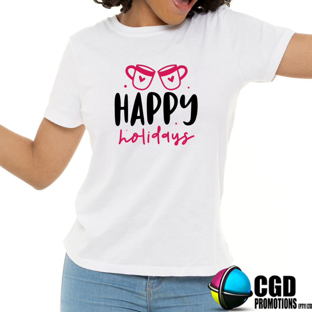 Happy Holidays Pink Printed Wording Adult Christms Printed Shirt -  Unisex Mens & Ladies Fitted (Copy)