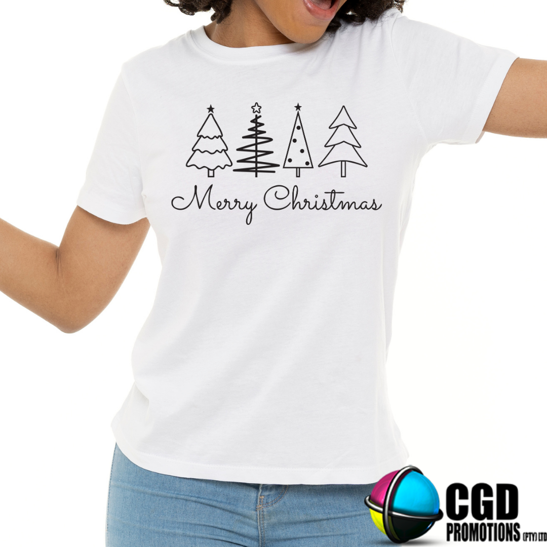 Merry Christmas in Black with christmas tree - Christmas Printed Shirt for the Whole Family - Matching Unisex, Ladies Fitted & Kids