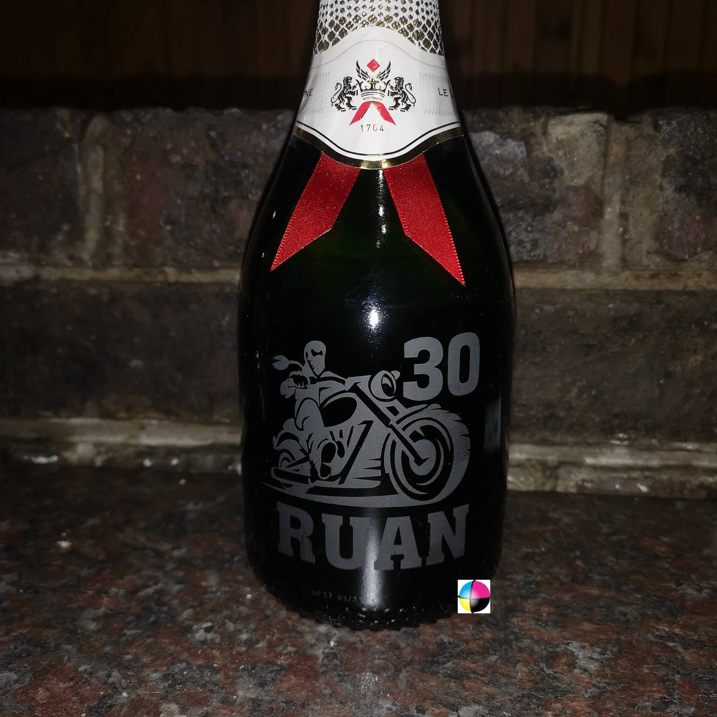 Sandblasted Champagne Bike Birthday Bottle