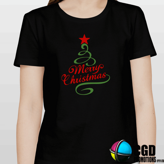 Merry Christmas with Green Swirl Tree and Red Star - Christmas Printed Shirt for the Whole Family - Matching Unisex, Ladies Fitted & Kids