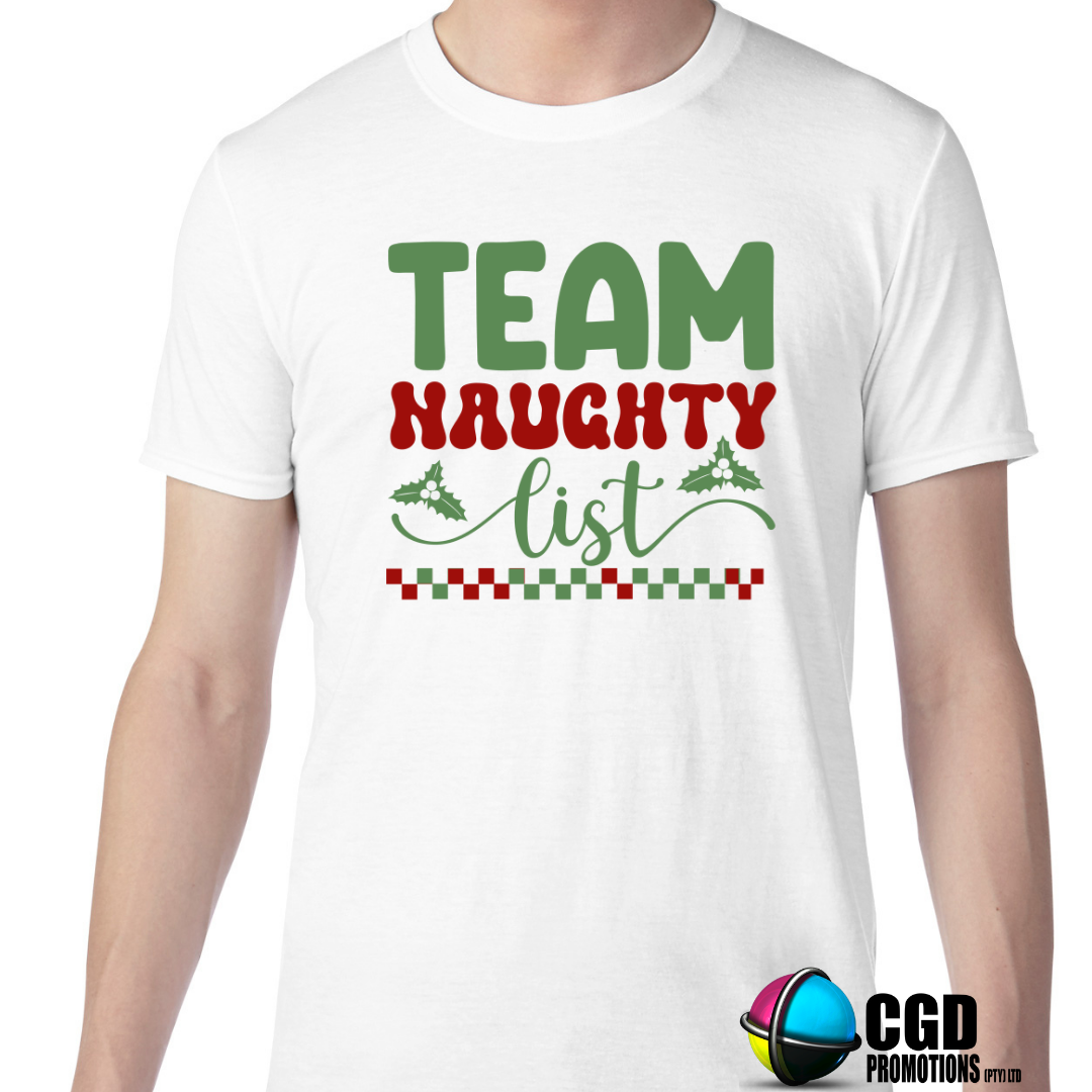 Team Naughty List Christmas Printed Shirt for the Whole Family - Matching Unisex, Ladies Fitted & Kids