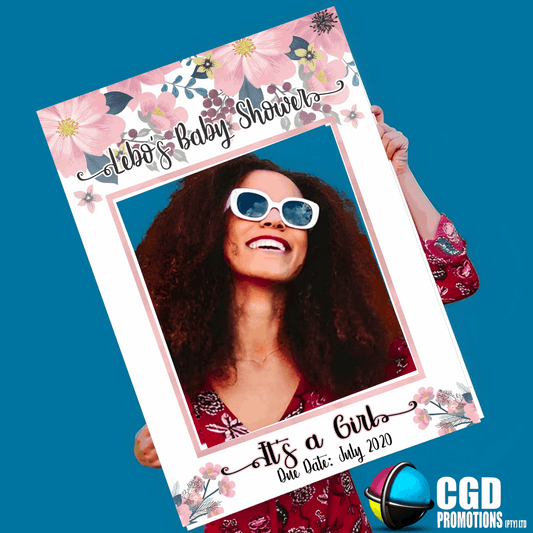 Pink floral its a girl  baby shower selfie frame with It’s a Girl design”