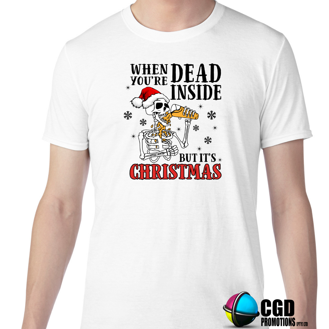 When your Dead Inside but its Christmas Skeleton drinking beer Christmas Adult Printed Shirt