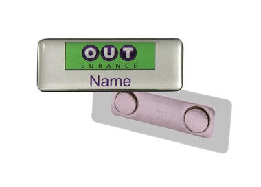 Custom designed 60×20 mm domed name badge with magnetic backing