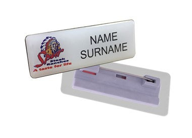 Custom designed 60×20 mm domed name badge with pin backing