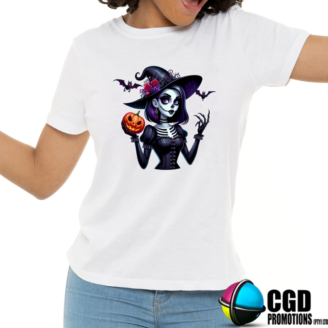 Skeleton Witch Purple with Pumpkin & Bats - Halloween T-shirts Adult Printed Shirt - Men's Unisex, Ladies Fitted