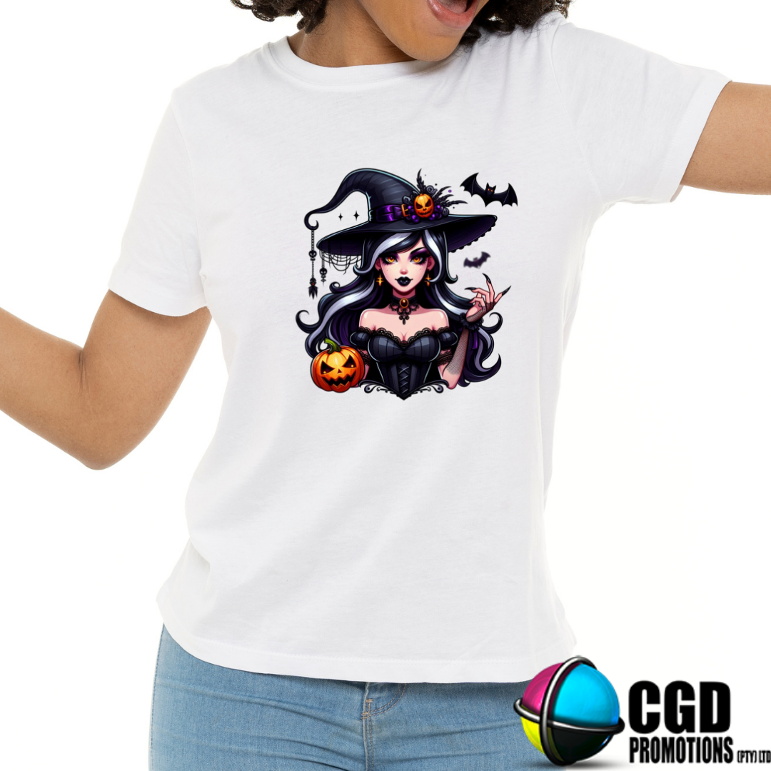 Witch White & Black Hair with Bats & Pumpkin - Halloween T-shirts Adult Printed Shirt - Men's Unisex, Ladies Fitted (Copy)