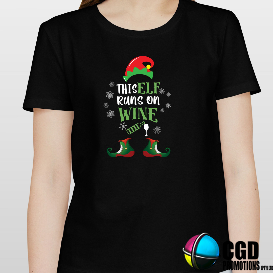 This Elf Runs on Wine Christmas Printed Shirt - Adult unisex, ladies fitted