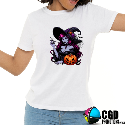 Witch Goth with Purple Hair Pumpkin - Halloween T-shirts Adult Printed Shirt - Men's Unisex, Ladies Fitted 
