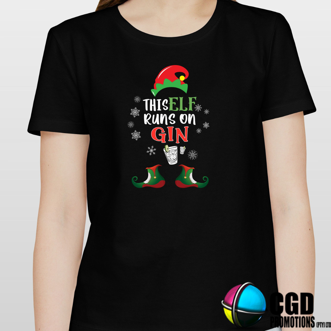 This Elf Runs on Gin Christmas Printed Shirt - Adult unisex, ladies fitted 