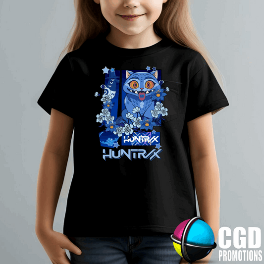 "Model wearing K-pop Demon Hunter inspired t-shirt" Derpy huntrix blue tiger 