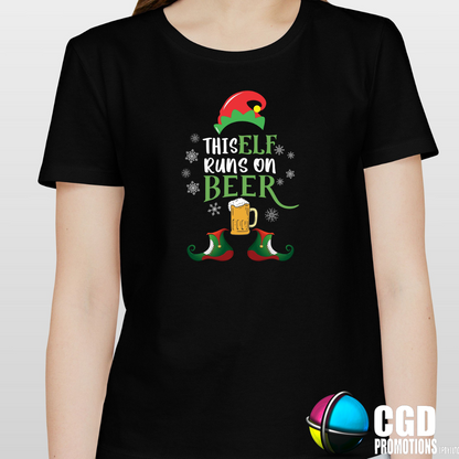 This Elf Runs on Beer Christmas Printed Shirt - Adult unisex, ladies fitted